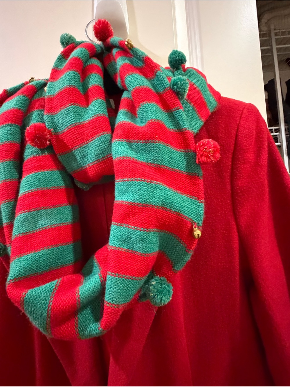 Red  & Green Striped  jingle bell scarf & matching pompom hat